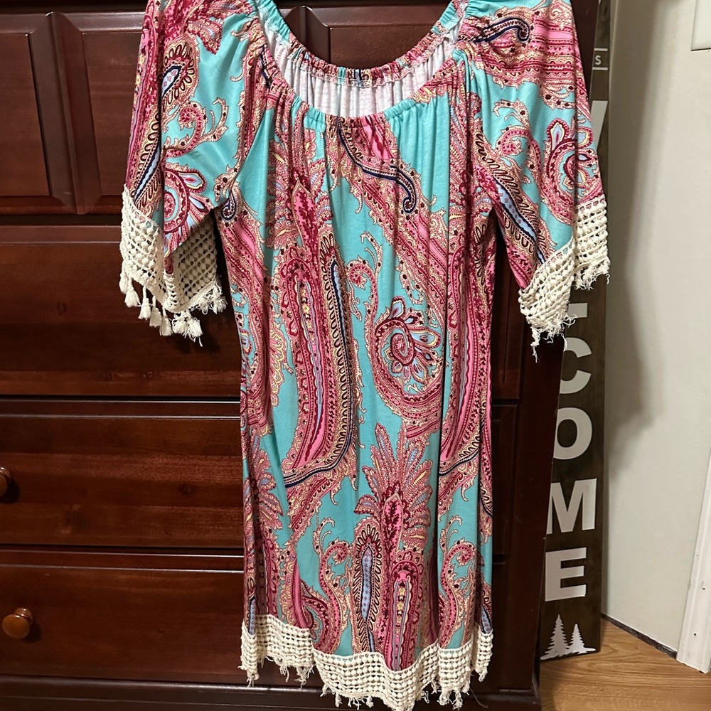 Bohemian Paisley Dress with Crochet Trim